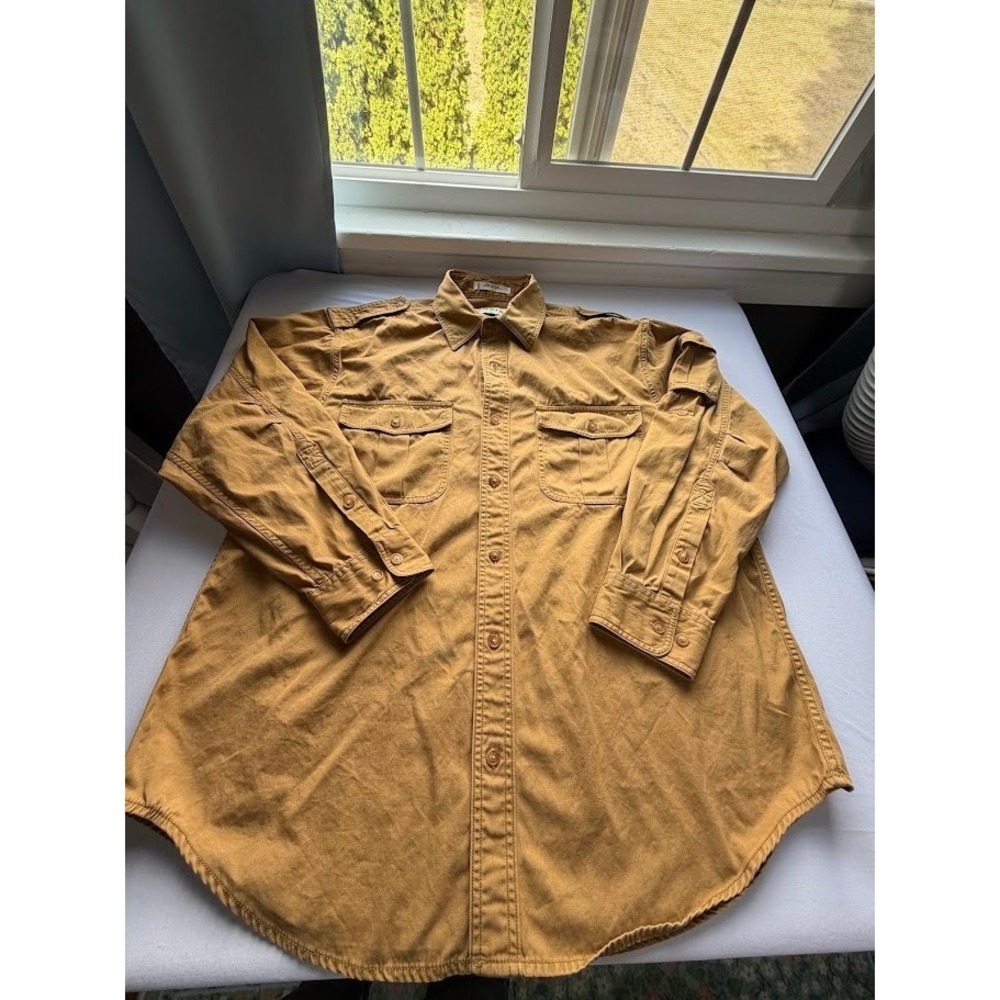 Orvis Mens Mustard Tan Cotton Canvas Safari Utility Shirt Large Epaulets Pocket